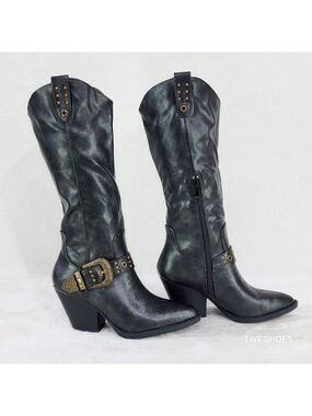 NIB Stormy Brushed Metallic Black Country Western Cowgirl Knee Boots